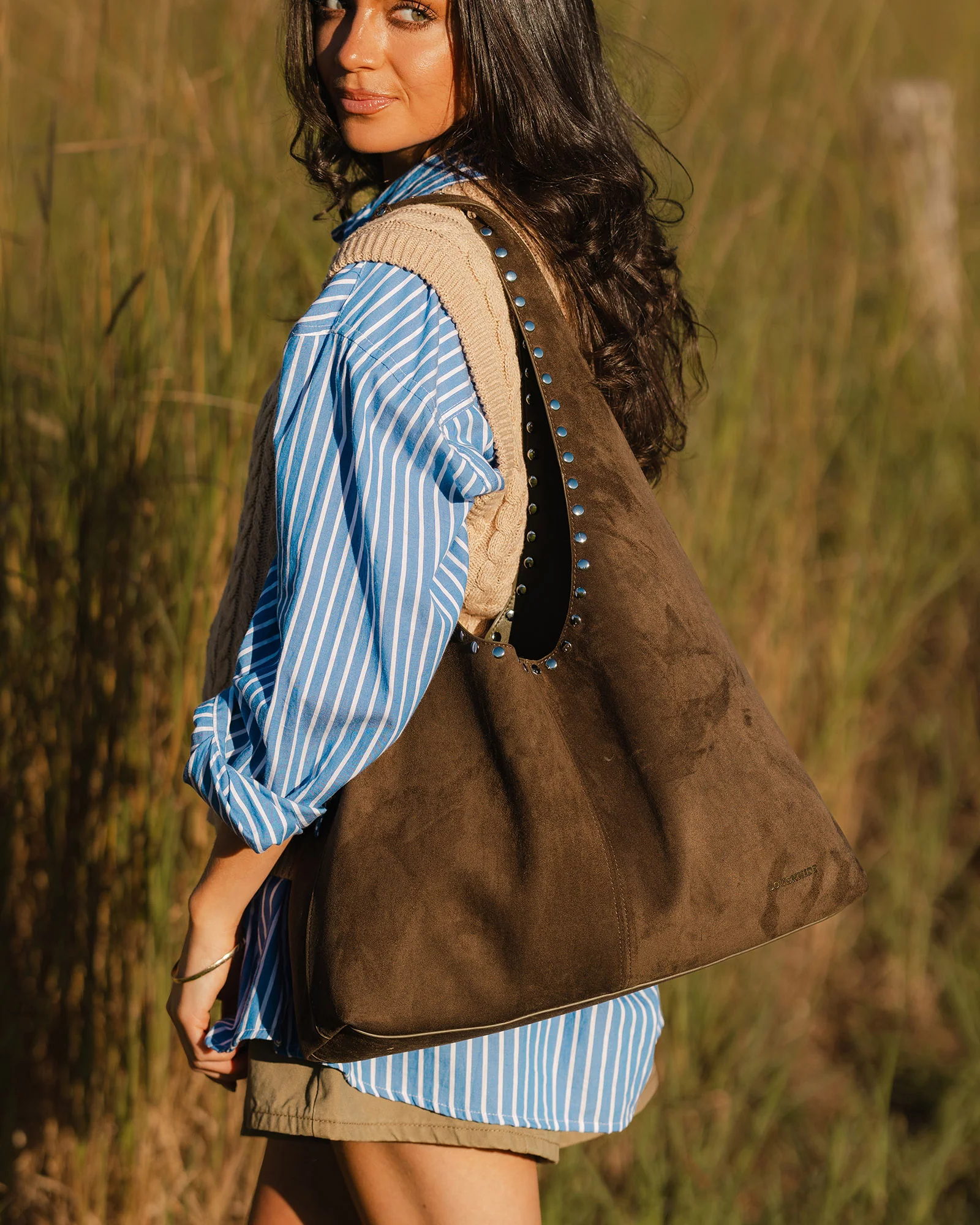Hailey Suedette Shoulder Bag - Olive Brown - Image 2
